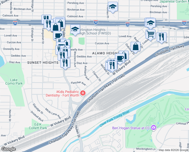 map of restaurants, bars, coffee shops, grocery stores, and more near 4354 Valentine Street in Fort Worth
