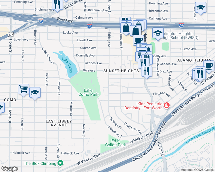 map of restaurants, bars, coffee shops, grocery stores, and more near 3518 Eldridge Street in Fort Worth