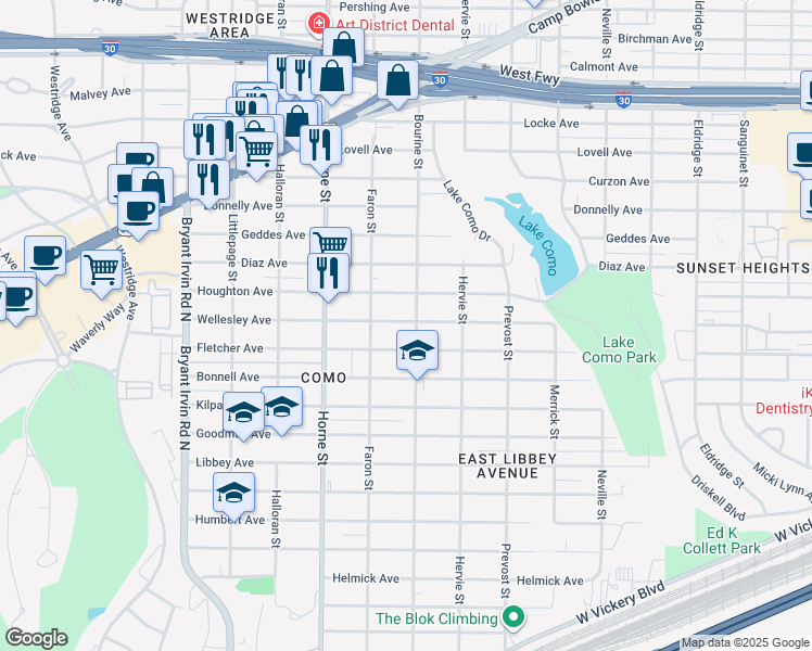map of restaurants, bars, coffee shops, grocery stores, and more near 5524 Wellesley Avenue in Fort Worth