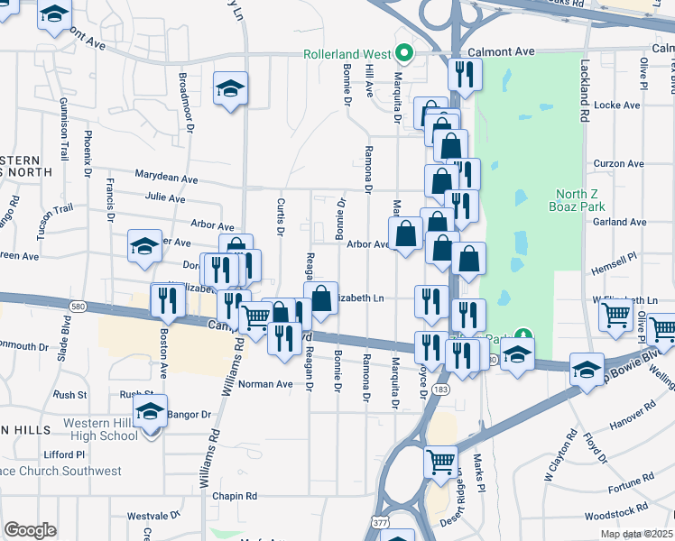 map of restaurants, bars, coffee shops, grocery stores, and more near 3217 Bonnie Drive in Fort Worth