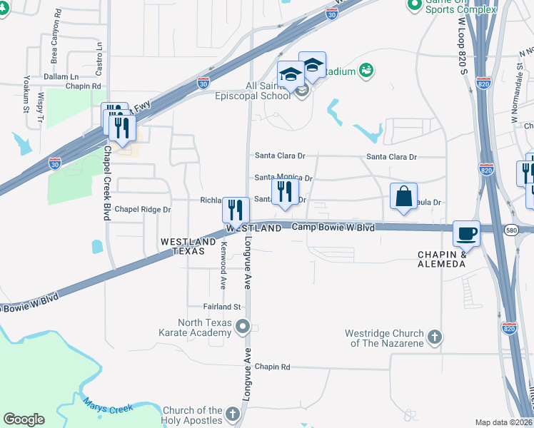 map of restaurants, bars, coffee shops, grocery stores, and more near 9728 Palo Pinto Road in Fort Worth