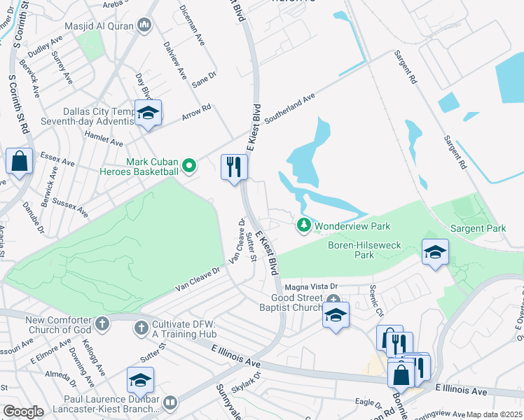 map of restaurants, bars, coffee shops, grocery stores, and more near 2906 East Kiest Boulevard in Dallas