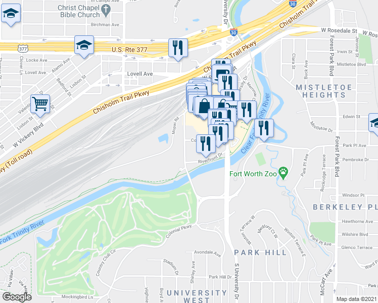 map of restaurants, bars, coffee shops, grocery stores, and more near 1705 Rogers Road in Fort Worth