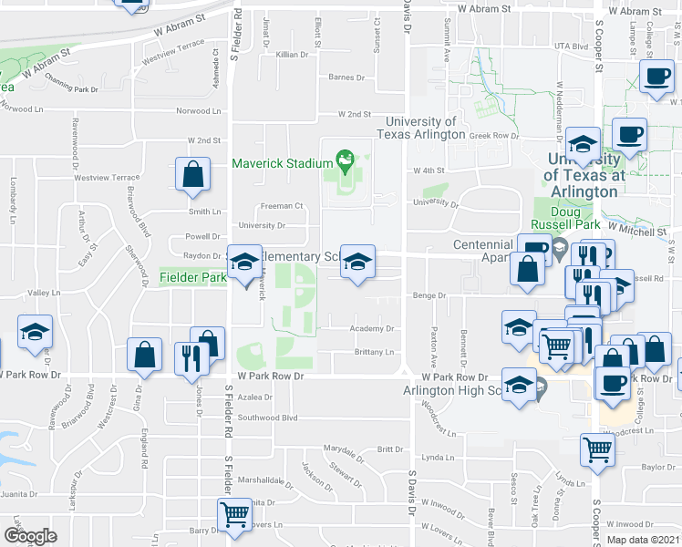 map of restaurants, bars, coffee shops, grocery stores, and more near 1303 Saint Maria Court in Arlington