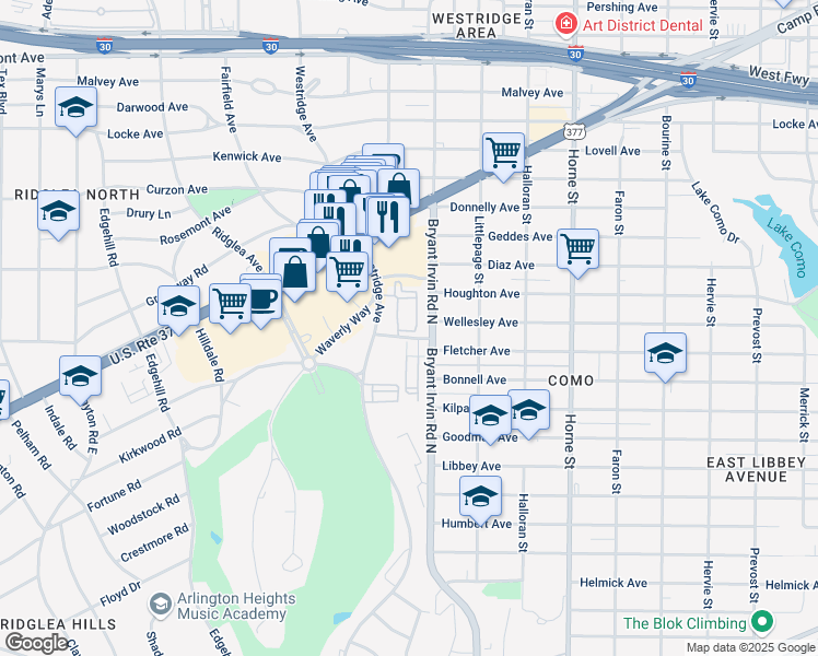 map of restaurants, bars, coffee shops, grocery stores, and more near 3645 Dominy Lane in Fort Worth