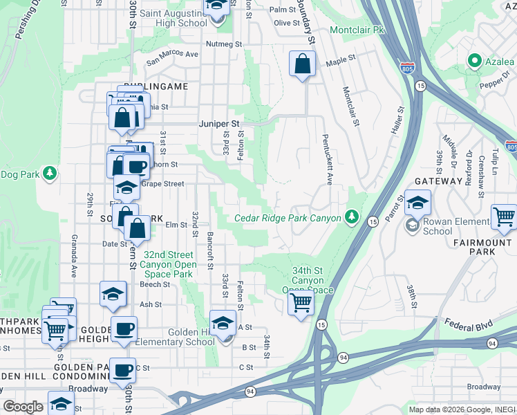map of restaurants, bars, coffee shops, grocery stores, and more near 1843 Gregory Street in San Diego