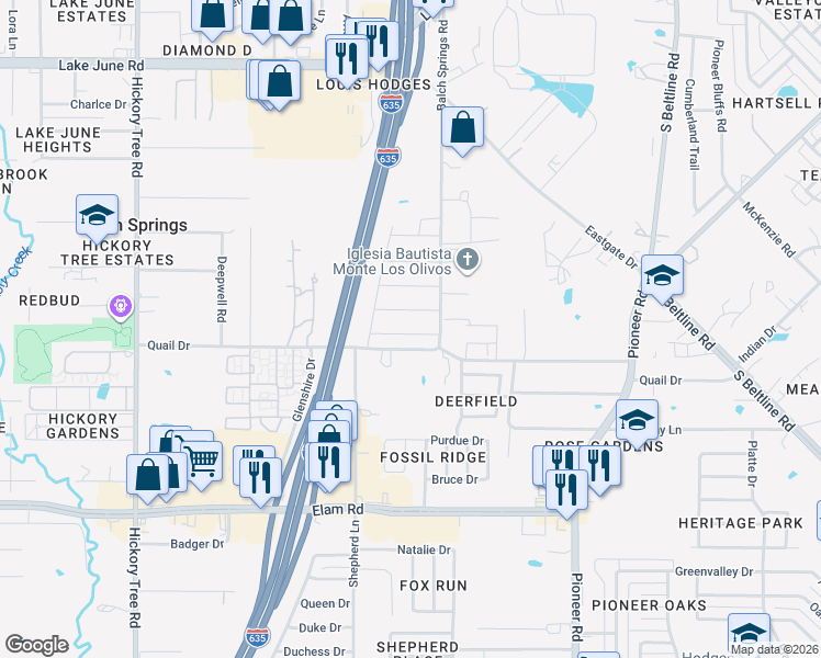 map of restaurants, bars, coffee shops, grocery stores, and more near 12507 Meadowcrest Lane in Balch Springs