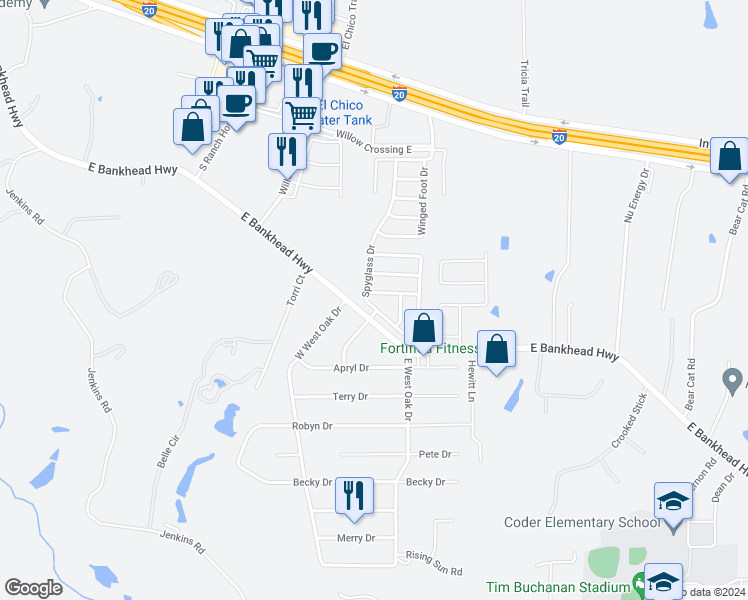 map of restaurants, bars, coffee shops, grocery stores, and more near 135 Olympic Drive in Willow Park