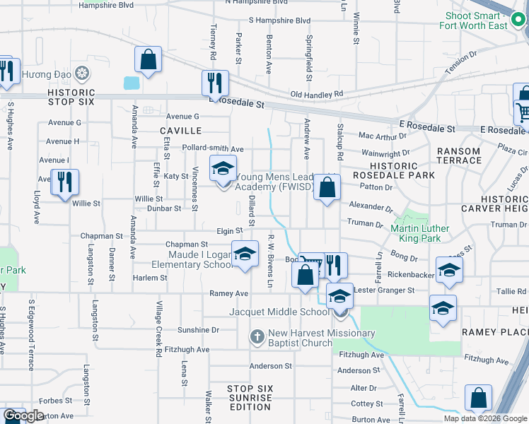 map of restaurants, bars, coffee shops, grocery stores, and more near 5217 Dunbar Street in Fort Worth