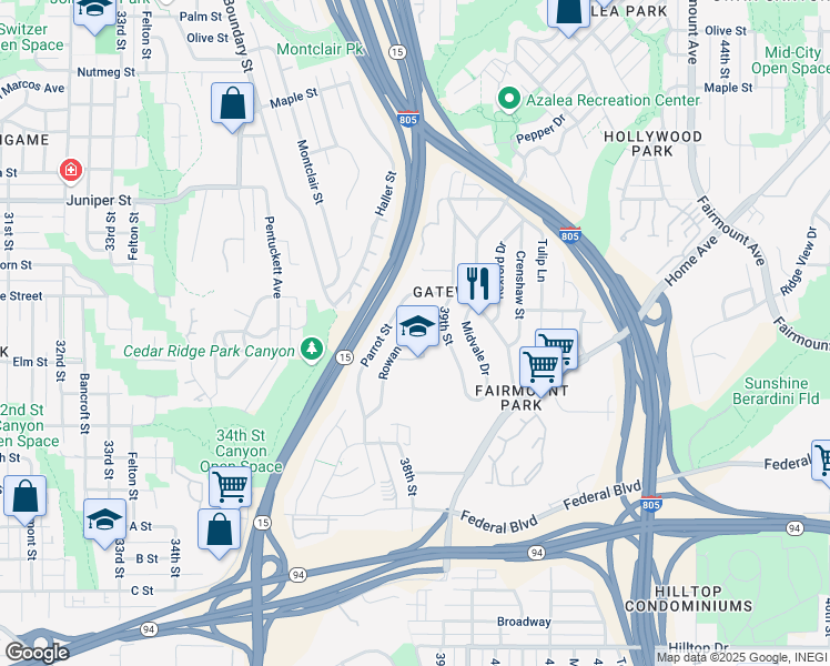 map of restaurants, bars, coffee shops, grocery stores, and more near 1851 Colonial Avenue in San Diego