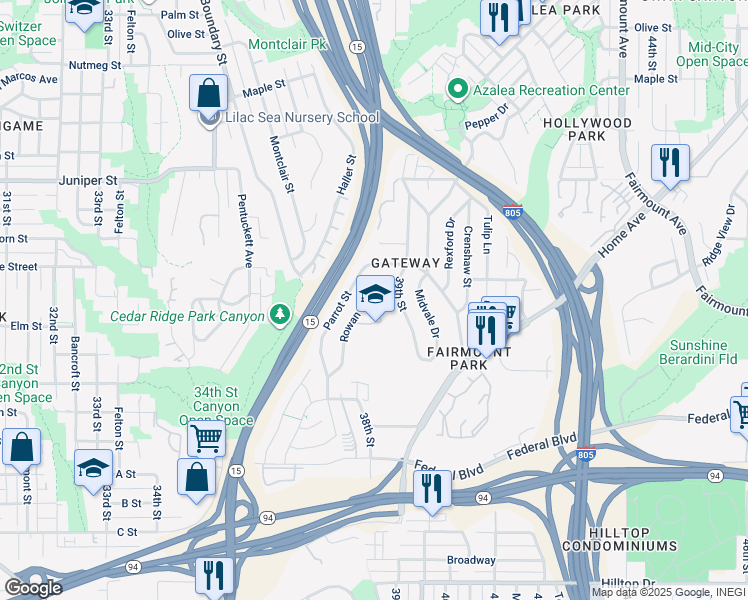 map of restaurants, bars, coffee shops, grocery stores, and more near 1851 Colonial Avenue in San Diego