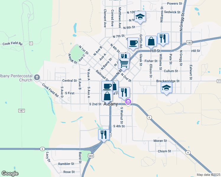 map of restaurants, bars, coffee shops, grocery stores, and more near U.S. 180 in Albany