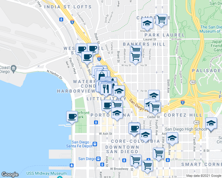 map of restaurants, bars, coffee shops, grocery stores, and more near 1959 Columbia Street in San Diego