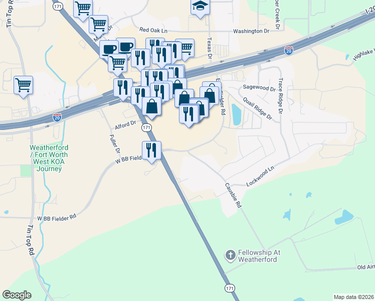map of restaurants, bars, coffee shops, grocery stores, and more near 2475 East BB Fielder Road in Weatherford