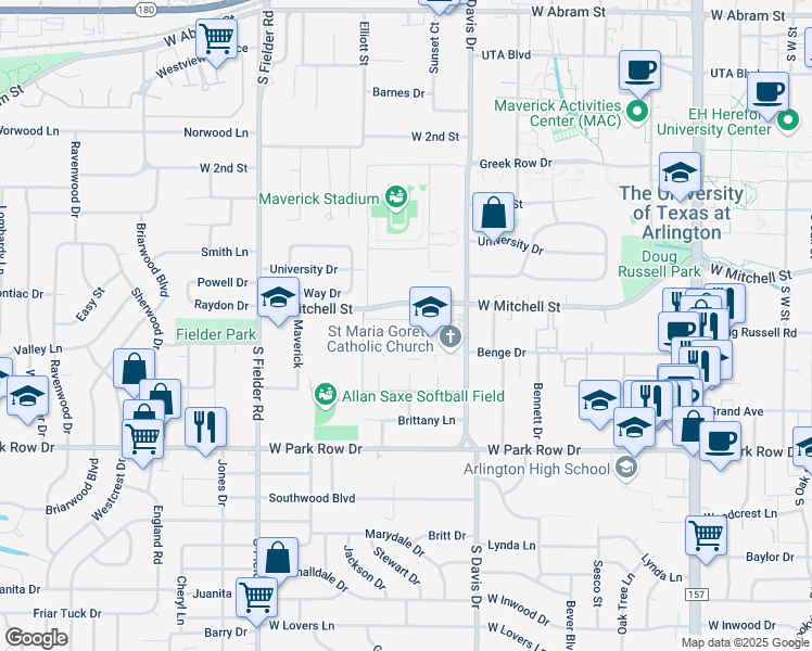 map of restaurants, bars, coffee shops, grocery stores, and more near 1303 Saint Maria Court in Arlington