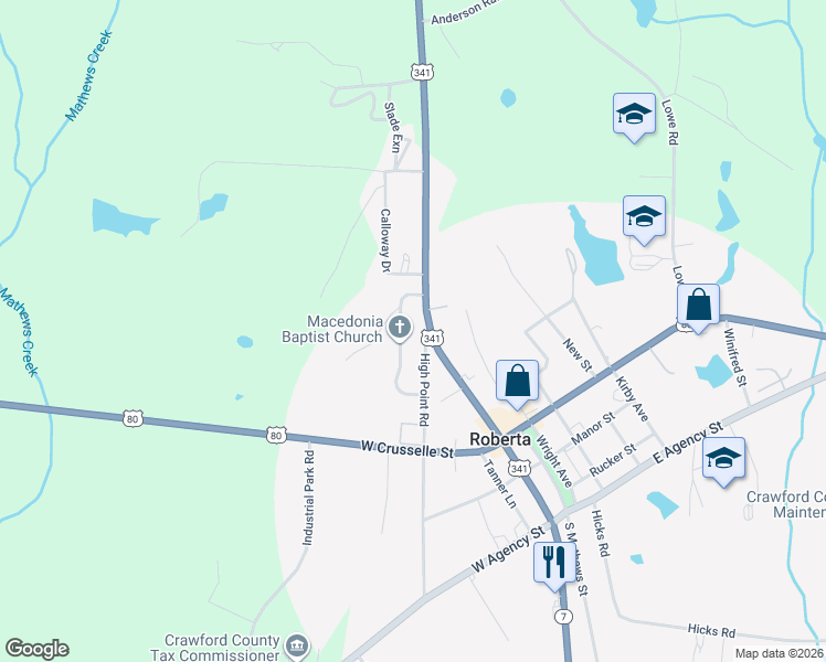 map of restaurants, bars, coffee shops, grocery stores, and more near 521 North Dugger Avenue in Roberta