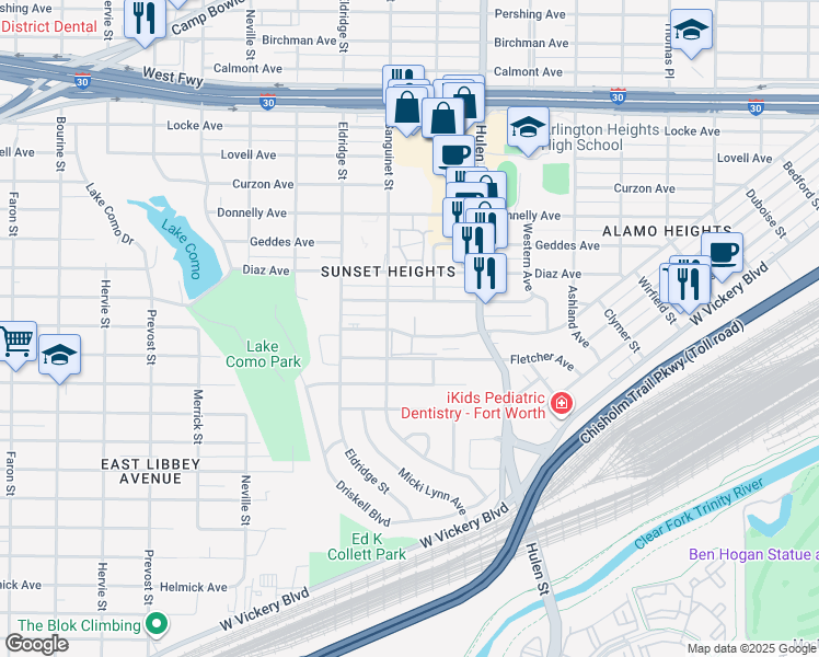 map of restaurants, bars, coffee shops, grocery stores, and more near 4712 Wellesley Avenue in Fort Worth