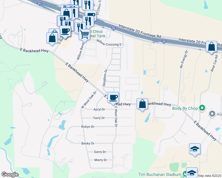 map of restaurants, bars, coffee shops, grocery stores, and more near 123 Olympic Drive in Willow Park
