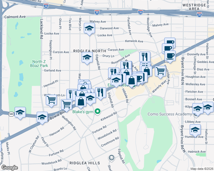 map of restaurants, bars, coffee shops, grocery stores, and more near 6432 Camp Bowie Boulevard in Fort Worth
