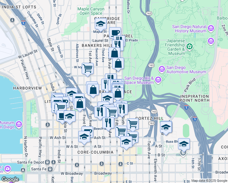 map of restaurants, bars, coffee shops, grocery stores, and more near in San Diego