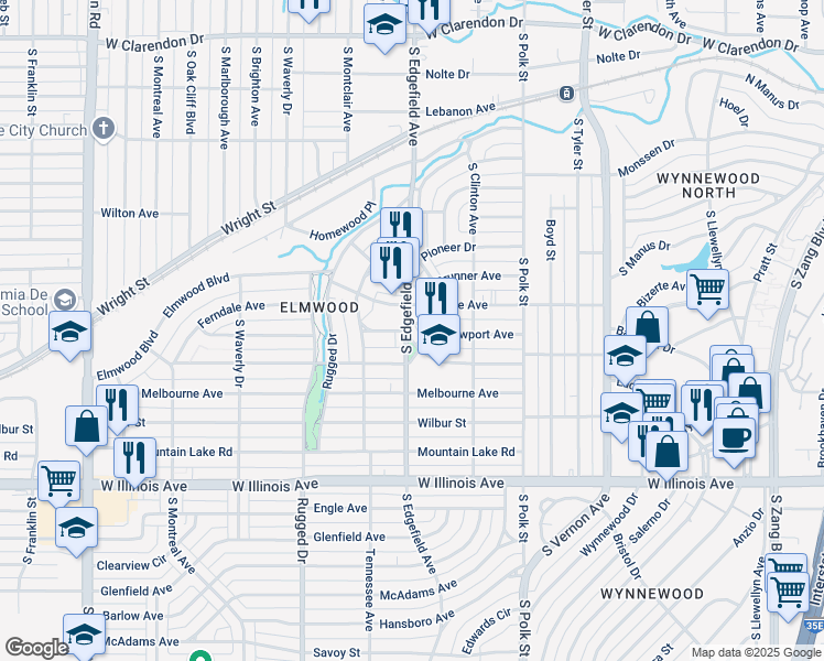 map of restaurants, bars, coffee shops, grocery stores, and more near 2104 South Edgefield Avenue in Dallas