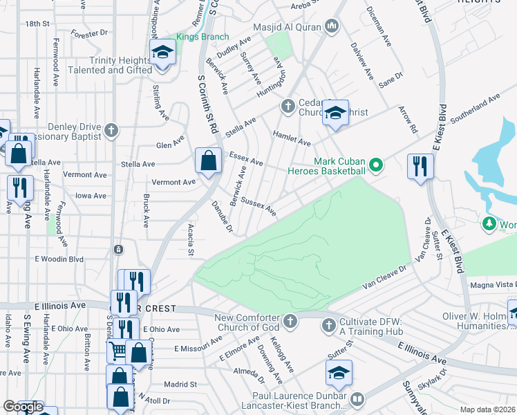 map of restaurants, bars, coffee shops, grocery stores, and more near 1844 Cedar Crest Boulevard in Dallas