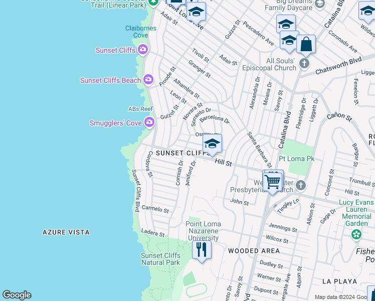 map of restaurants, bars, coffee shops, grocery stores, and more near 1005 Cornish Drive in San Diego