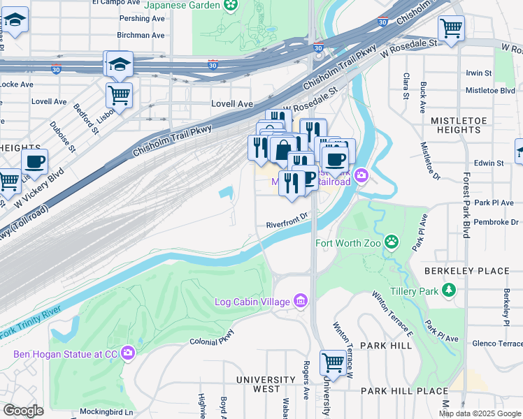 map of restaurants, bars, coffee shops, grocery stores, and more near 1700 Rogers Road in Fort Worth