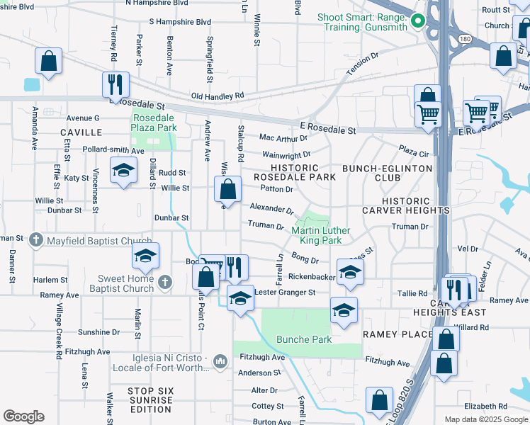 map of restaurants, bars, coffee shops, grocery stores, and more near 5528 Alexander Drive in Fort Worth