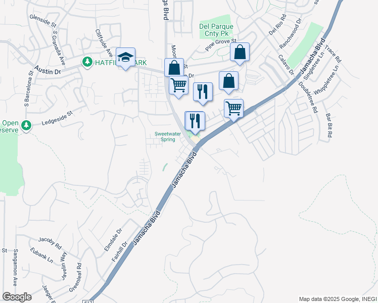 map of restaurants, bars, coffee shops, grocery stores, and more near 2608 Nanza Street in Spring Valley