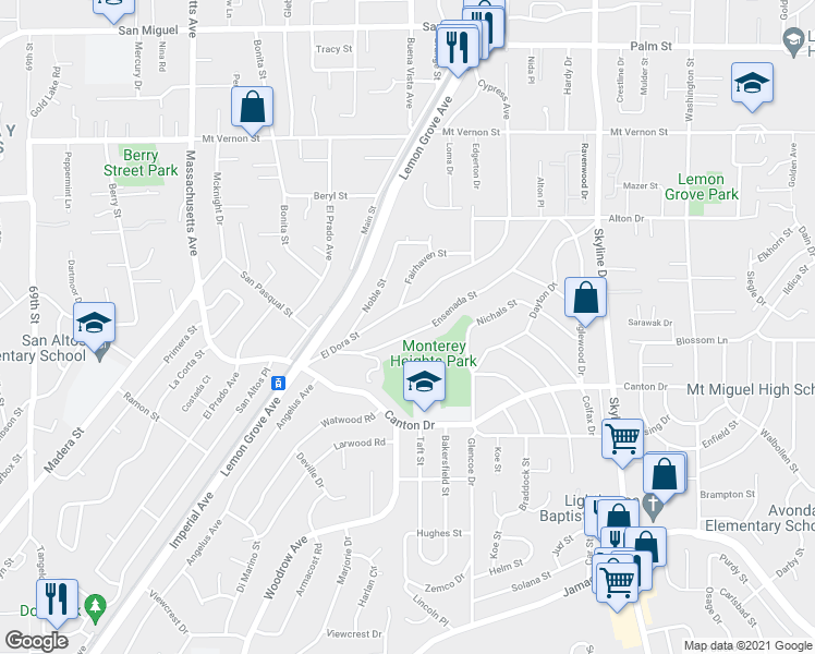 map of restaurants, bars, coffee shops, grocery stores, and more near 1902 Ensenada Street in Lemon Grove