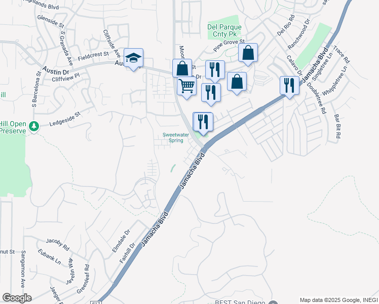 map of restaurants, bars, coffee shops, grocery stores, and more near 2608 Nanza Street in Spring Valley