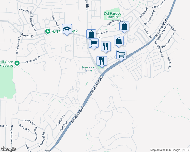 map of restaurants, bars, coffee shops, grocery stores, and more near 10588-10598 Jamacha Blvd in Spring Valley