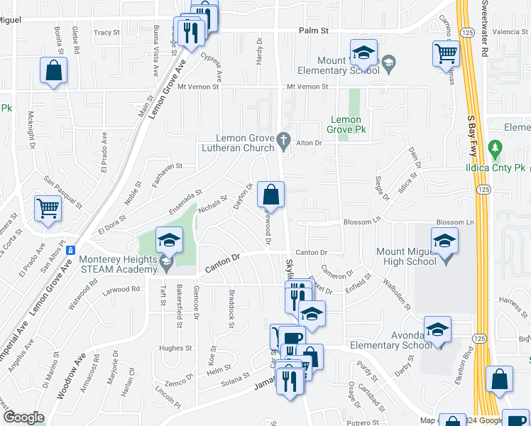 map of restaurants, bars, coffee shops, grocery stores, and more near 7942 Nichals Street in Lemon Grove