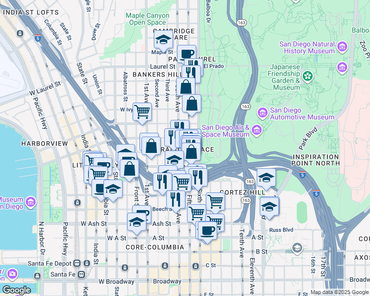 map of restaurants, bars, coffee shops, grocery stores, and more near in San Diego