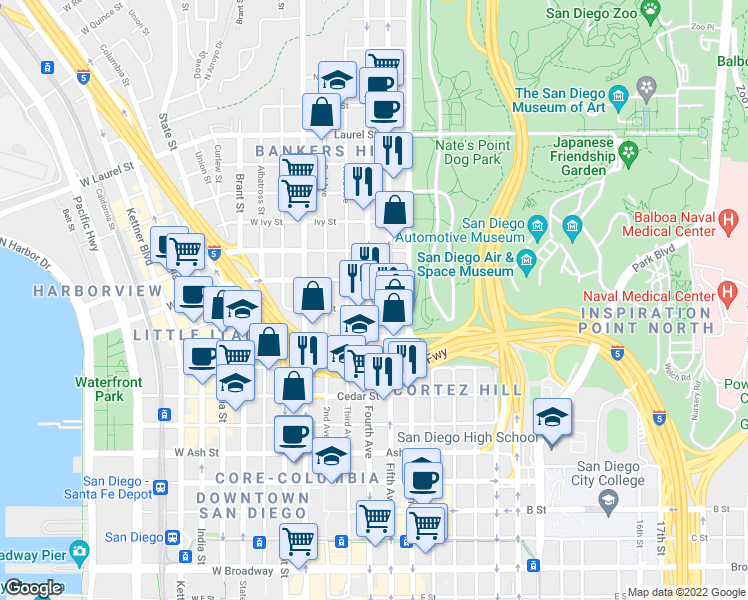 map of restaurants, bars, coffee shops, grocery stores, and more near in San Diego