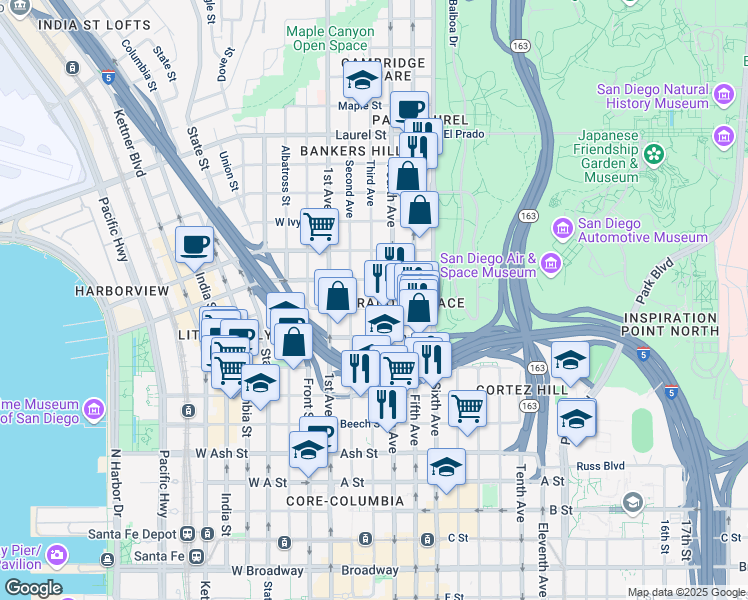 map of restaurants, bars, coffee shops, grocery stores, and more near 1922-1934 Third Avenue in San Diego
