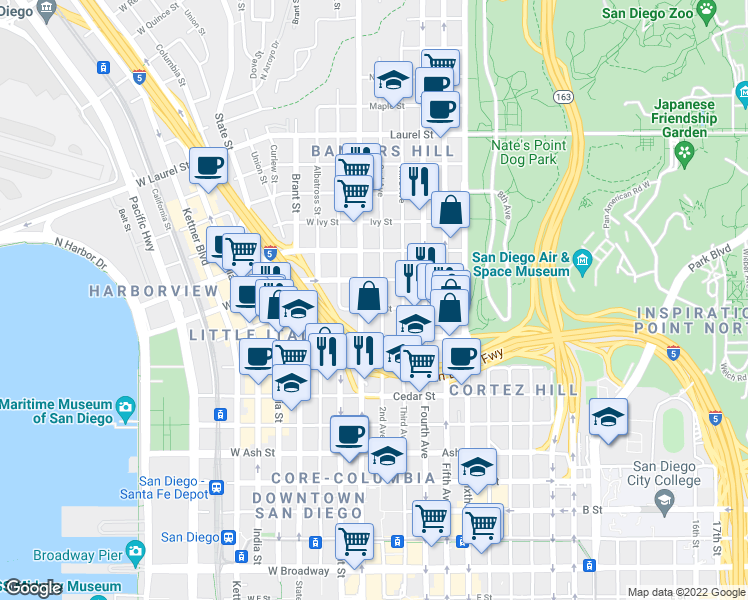 map of restaurants, bars, coffee shops, grocery stores, and more near in San Diego