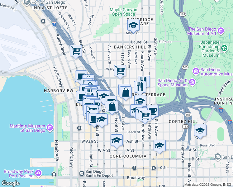 map of restaurants, bars, coffee shops, grocery stores, and more near 1924 Front Street in San Diego