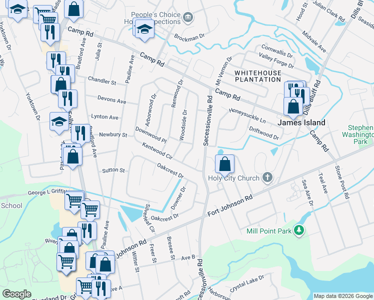 map of restaurants, bars, coffee shops, grocery stores, and more near 1108 Kentwood Circle in Charleston