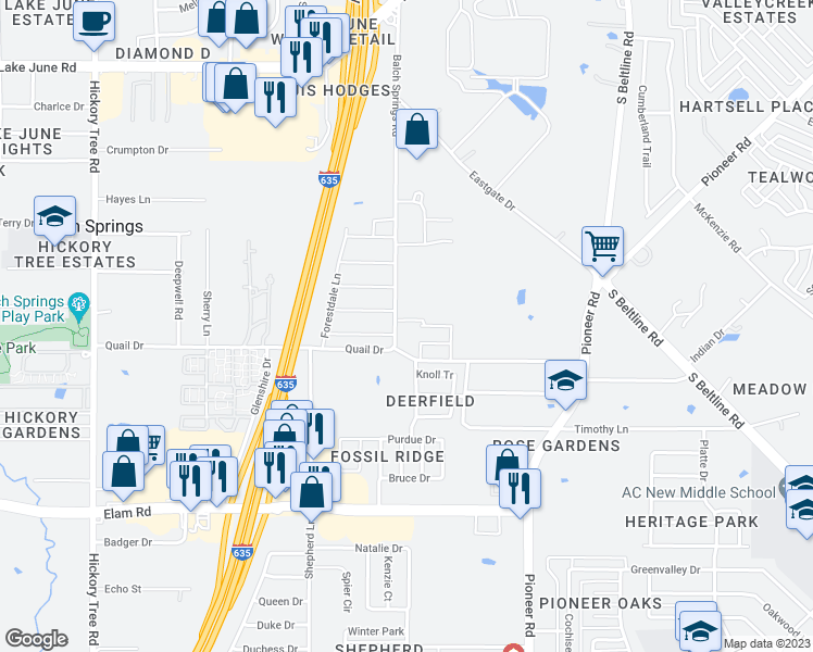 map of restaurants, bars, coffee shops, grocery stores, and more near 3216 Balch Springs Road in Balch Springs