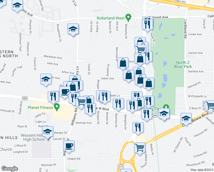 map of restaurants, bars, coffee shops, grocery stores, and more near 3217 Bonnie Drive in Fort Worth