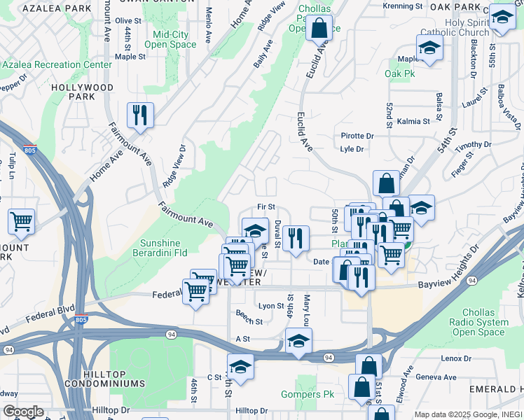 map of restaurants, bars, coffee shops, grocery stores, and more near 1850 Brookline Street in San Diego