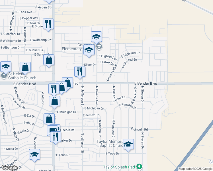 map of restaurants, bars, coffee shops, grocery stores, and more near 1315 East Bender Boulevard in Hobbs