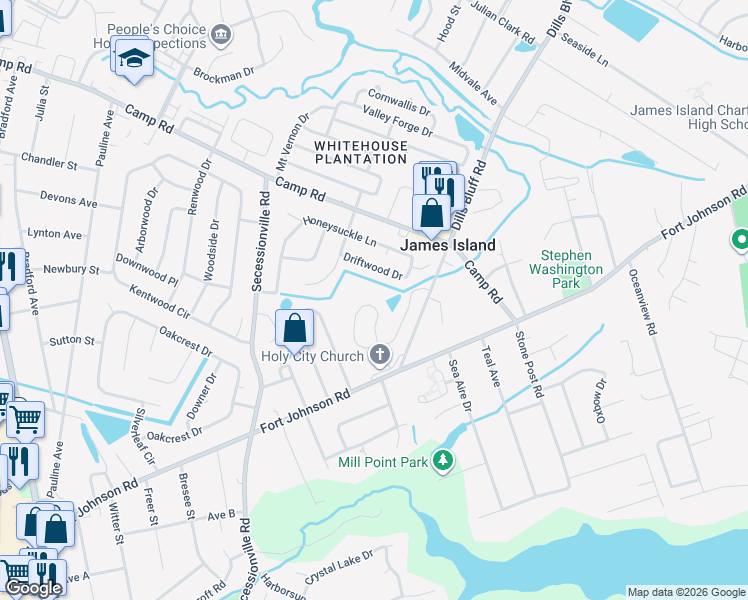 map of restaurants, bars, coffee shops, grocery stores, and more near 1485 Swamp Fox Lane in Charleston