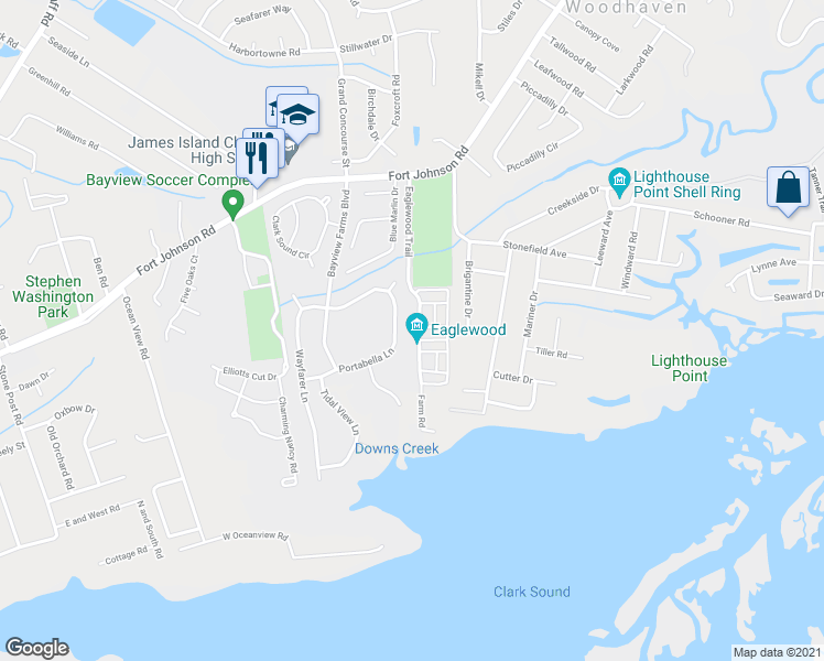 map of restaurants, bars, coffee shops, grocery stores, and more near 1083 Eaglewood Trail in Charleston