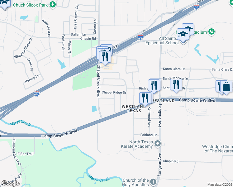 map of restaurants, bars, coffee shops, grocery stores, and more near 3351 Chapel Pointe Trail in Fort Worth