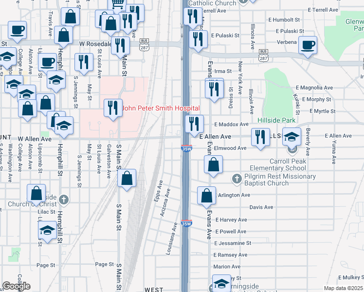 map of restaurants, bars, coffee shops, grocery stores, and more near in Fort Worth