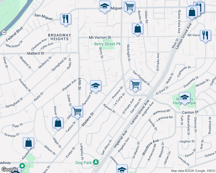 map of restaurants, bars, coffee shops, grocery stores, and more near 7145 Cabernet Way in Lemon Grove
