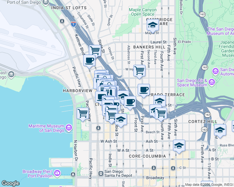 map of restaurants, bars, coffee shops, grocery stores, and more near 1959 Columbia Street in San Diego